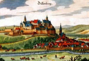 Colorierte Zeichnung des Dillenburger Schlosses von der Merian Ansicht