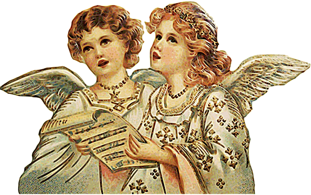 Das Bild zeigt zwei gezeichnete Engelchen in bestickten Gewändern, die ein Notenblatt halten und singen.