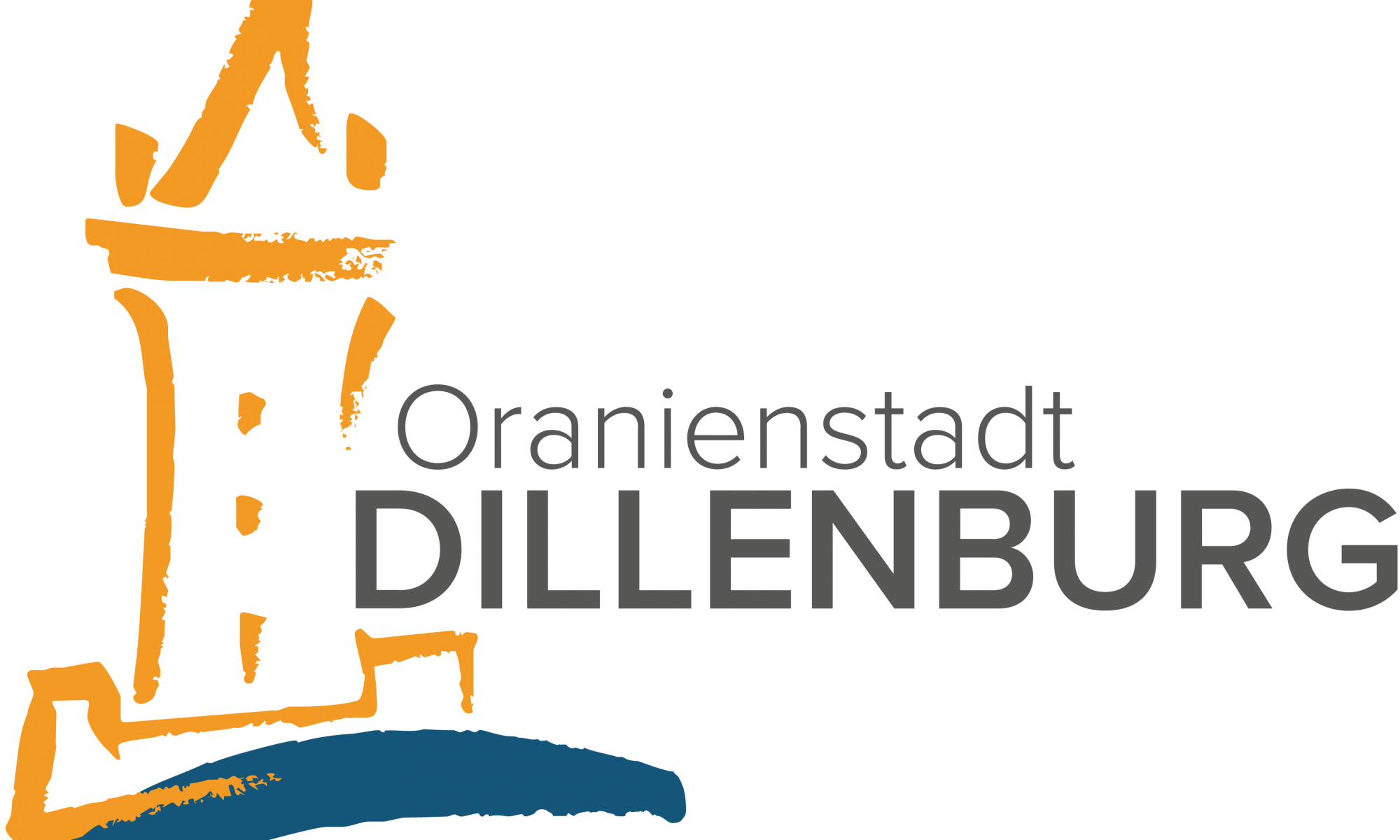 Logo der Oranienstadt Dillenburg. Stilisiert in orange steht der Wilhelmsturm auf der linken Bildseite, darunter ist in blau, wie mit einem Pinselstrich gezogen, eine gebogene blaue Linie zu sehen, die den Fluss Dill darstellen soll. Rechts neben dem orangenen Wilhelmsturm stehen in dunkelgrauer Schrift die Worte Oranienstadt Dillenburg.