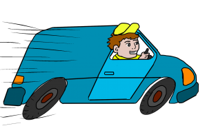 Zeichnung eines Lieferanten, der schnell mit seinem Lieferwagen unterwegs ist