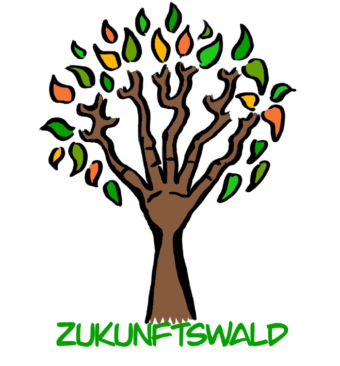 Hand als Baum mit Blättern und Schriftzug Zukunftswald Logo: Kiara Tabea Reh