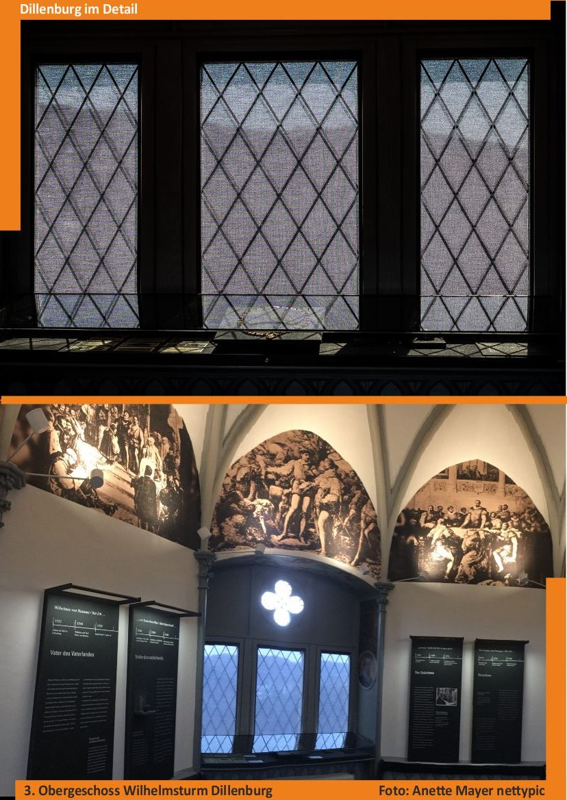 Eine Collage des 3. Obergeschosses im Wilhelmsturm von Anette Mayer (nettypic). Das Detailfoto im oberen Bereich der Collage zeigt das Fenster des 3. Obergeschosses in Nahaufnahme. Der untere Teil der Collage zeigt das Fenster, die daneben stehenden Informationstafeln und die angeleuchteten Wandbilder, auf denen historische Szenen zu sehen sind.