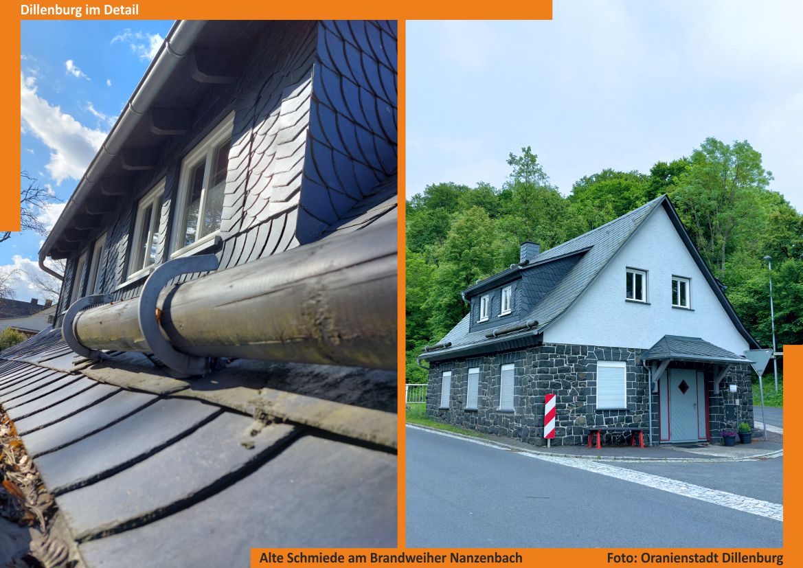 Eine Bildcollage der Alten Schmiede Nanzenbach. Der linke Bildteil zeigt den Gaubenbereich der alten Schmiede Nanzenbach, der rechte das Gebäude in der Gesamtansicht