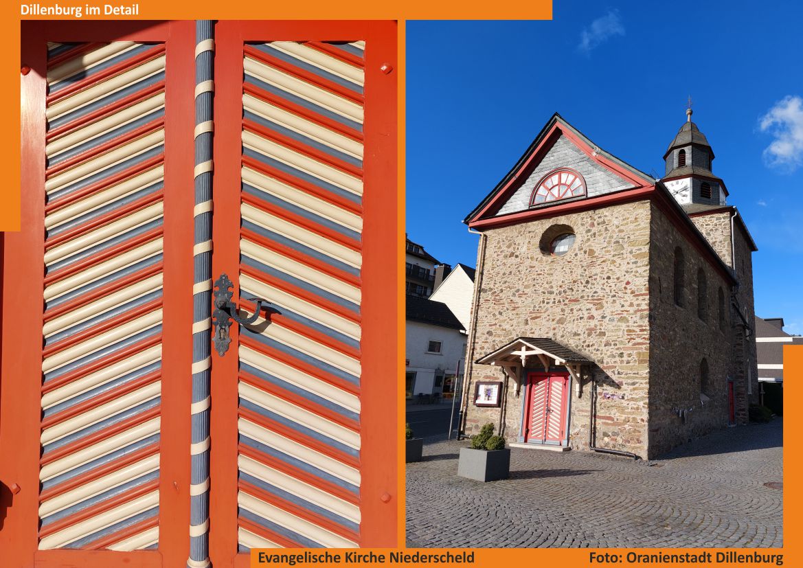 Eine Bildcollage der Ev. Kirche Niederscheld. Der linke Teil zeigt eine Detailaufnahme der Tür mit dem auffälligen Streifenmuster. Der rechte Teil eine Gesamtansicht des Gebäudes