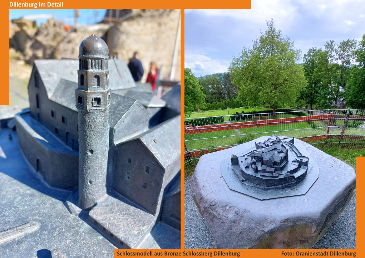 Eine Bildcollage des Schlossmodells aus Bronze auf dem Schlossberg Dillenburg. Der linke Teil zeigt eine Detailansicht des Turms am Schlossmodell. Der rechte Teil zeigt das Schlossmodell als Gesamtansicht