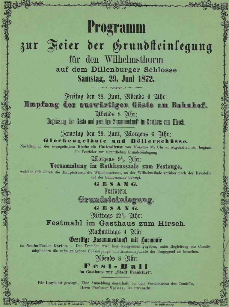 Das Programm für die Feier der Grundsteinlegung am 29. Juni 1872 (Foto: Stadtarchiv Dillenburg)
