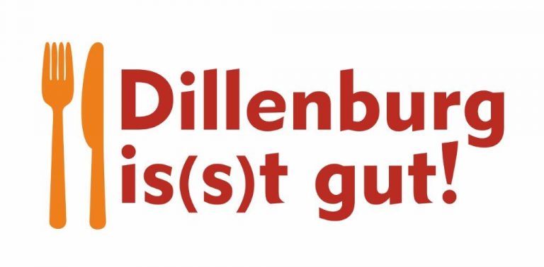 Logo zur Veranstaltung "Dillenburg is(s)t gut!. Links neben dem vorgenannten Satz sind in orange Messer und Gabel zu sehen.