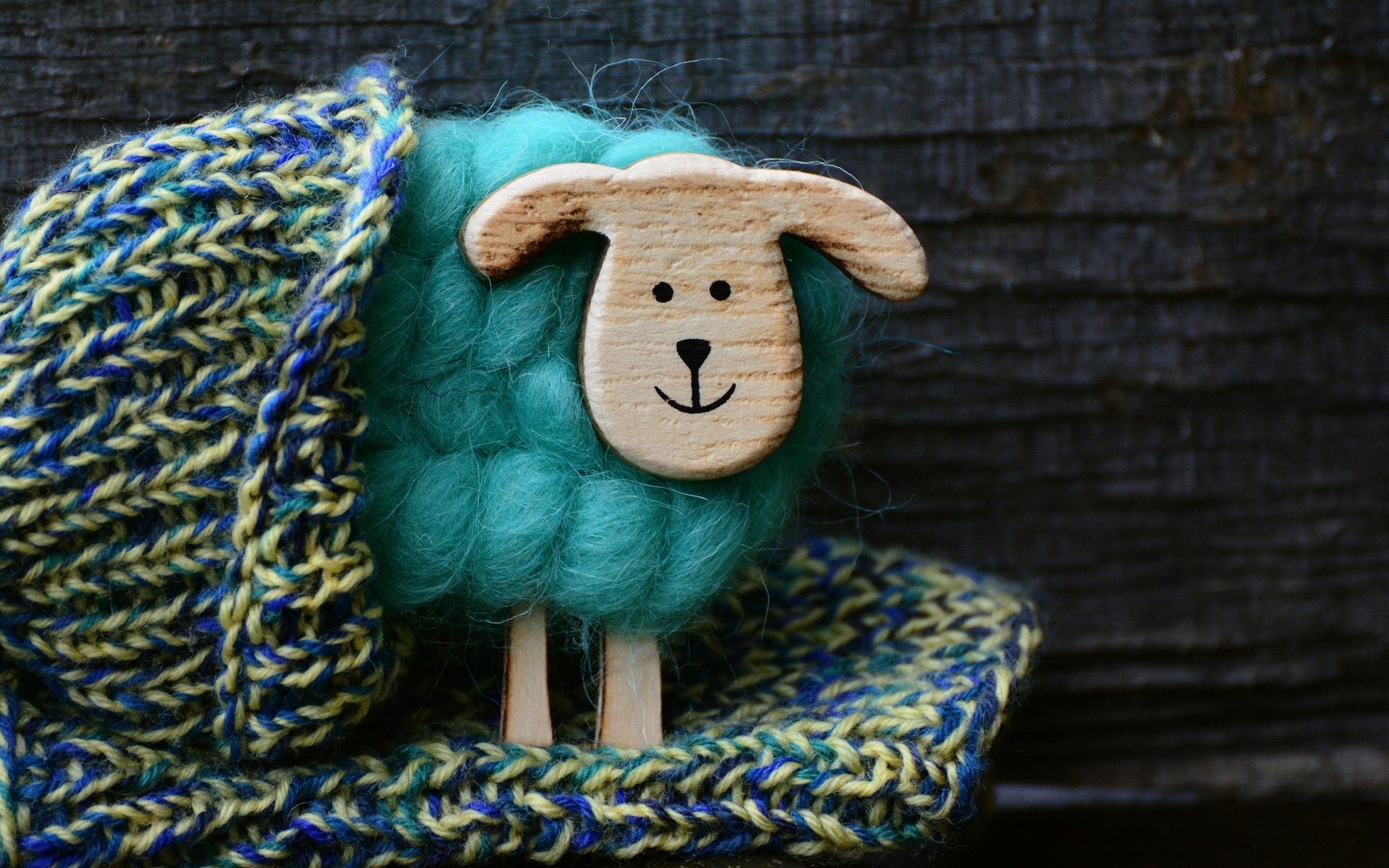 Ein aus Holz und türkiser Wolle gebasteltes Schaf steht in ein einem gestrickten Werkstück. Quelle: Pixabay