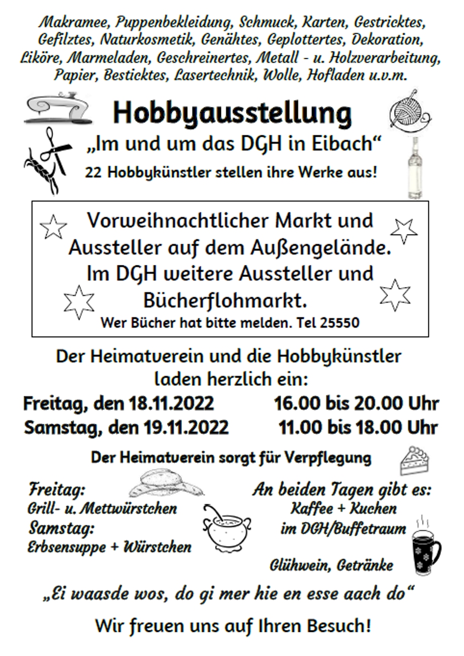 Ein Plakat für die Eibacher Hobbyausstellung am 18.11., 16.00 - 20.00 Uhr und 19.11., 11.00 - 18.00 Uhr.