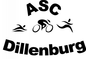 Das Logo des ASC Dillenburg ist schwarz auf weißem Hintergrund. Ganz oben steht ASC. In der Mitte sieht man drei stilisierte Personen. Links schwimmend, in der Mitte Rad fahrend und rechts laufend. Darunter steht das Wort Dillenburg.