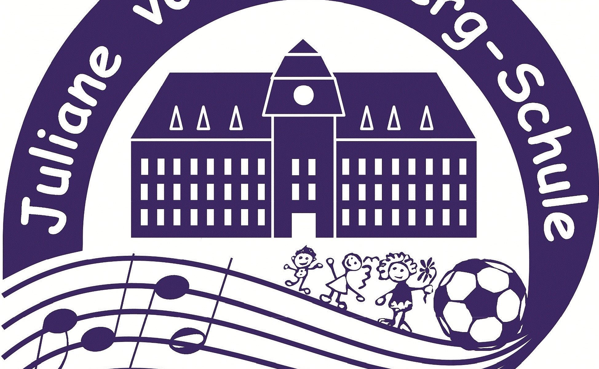 Zu sehen ist das Logo der Juliane von Stolberg-Grundschule in Dillenburg. Ein stilistisch dargestelltes Schulgebäude, untenliegende Notenlinien und Musiknoten.