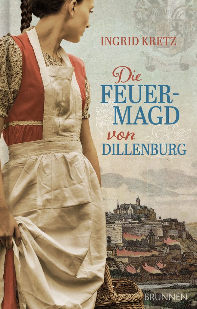 Das Bild führt zur Veranstaltungsmeldung der Lesung von Ingrid Kretz "Die Feuermagd von Dillenburg". Darauf zu sehen ist im Vordergrund eine junge Frau mit rotem Kleid und Schürze die den Blick auf das im Hintergrund liegende Dillenburg gerichtet hat.