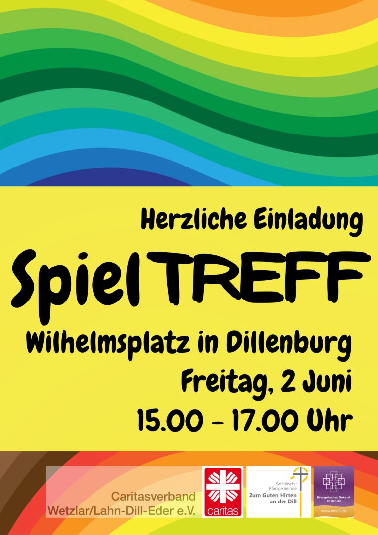 Ein Hinweisplakat auf den Spieltreff am Wilhelmsplatz am 02.06. von 15.00-17.00 Uhr