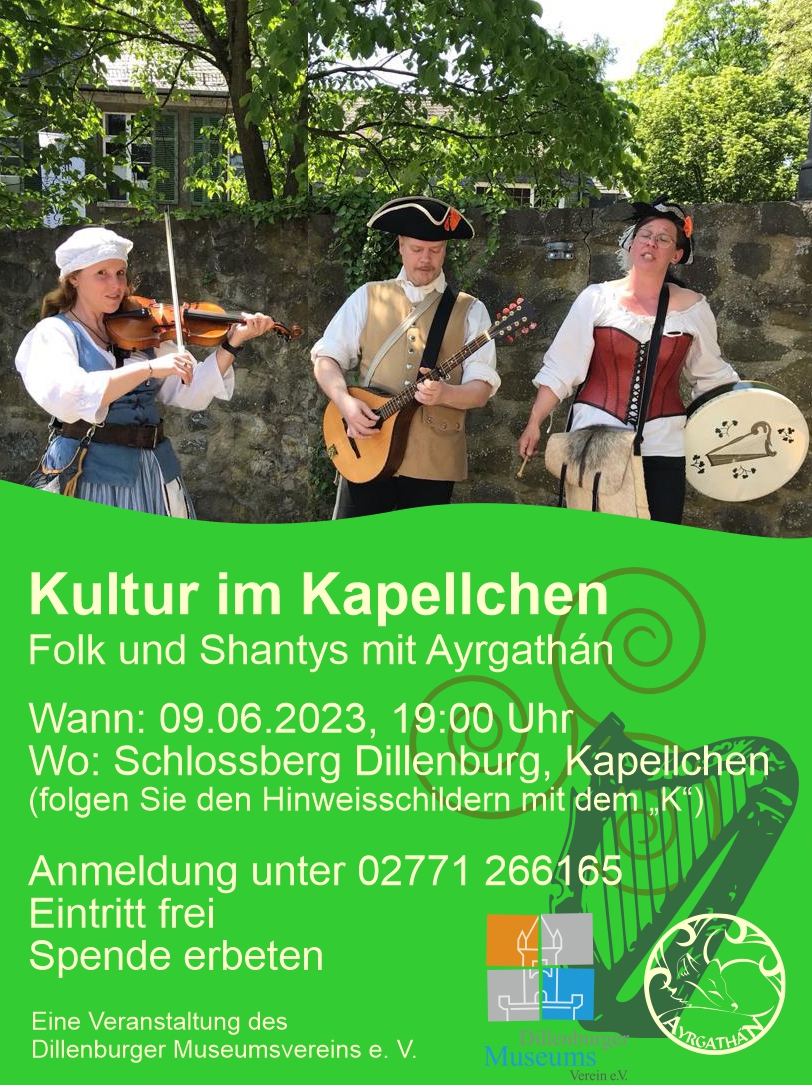 Hinweisplakat auf ein Konzert der Gruppe Ayrgathán im Kapellchen am Schlossberg. Das Bild dient auch als Navigationselement und führt zur Veranstaltungsbeschreibung.