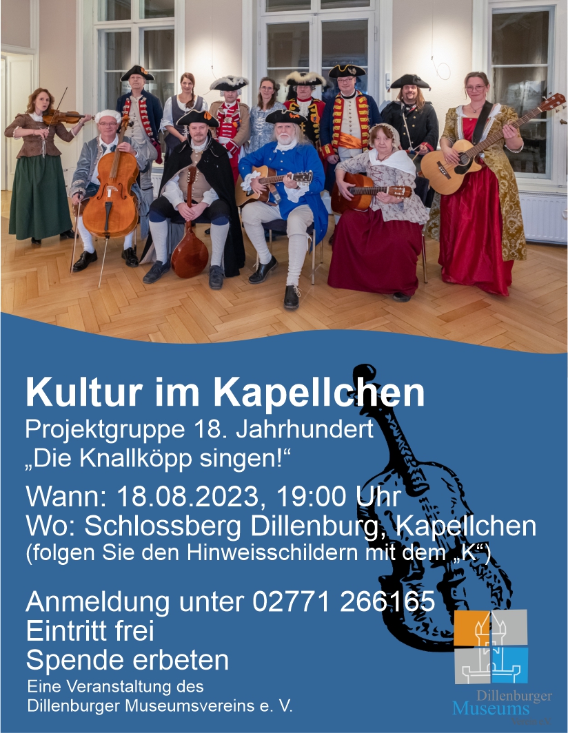 Ein Hinweisplakat auf die Veranstaltung "Die Knallköpp singen" im Kapellchen auf dem Schlossberg. Das Bild dient auch als Navigationselement und führt zur vollständigen Veranstaltungsbeschreibung.
