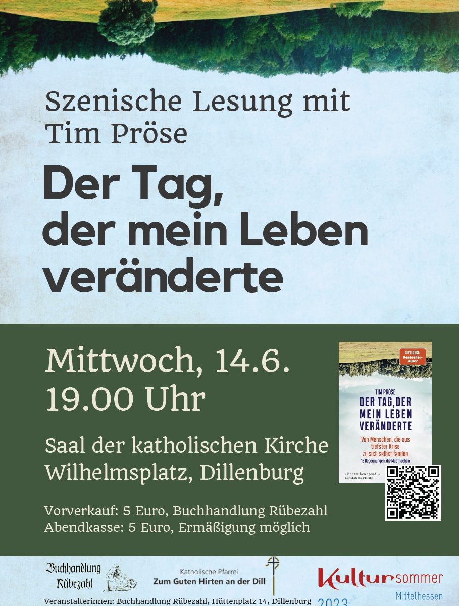 Hinweisplakat zur Szenischen Lesung "Der Tag der mein Leben veränderte" mit Hinweis auf den Vorverkauf bei der Buchhandlung Rübezahl.