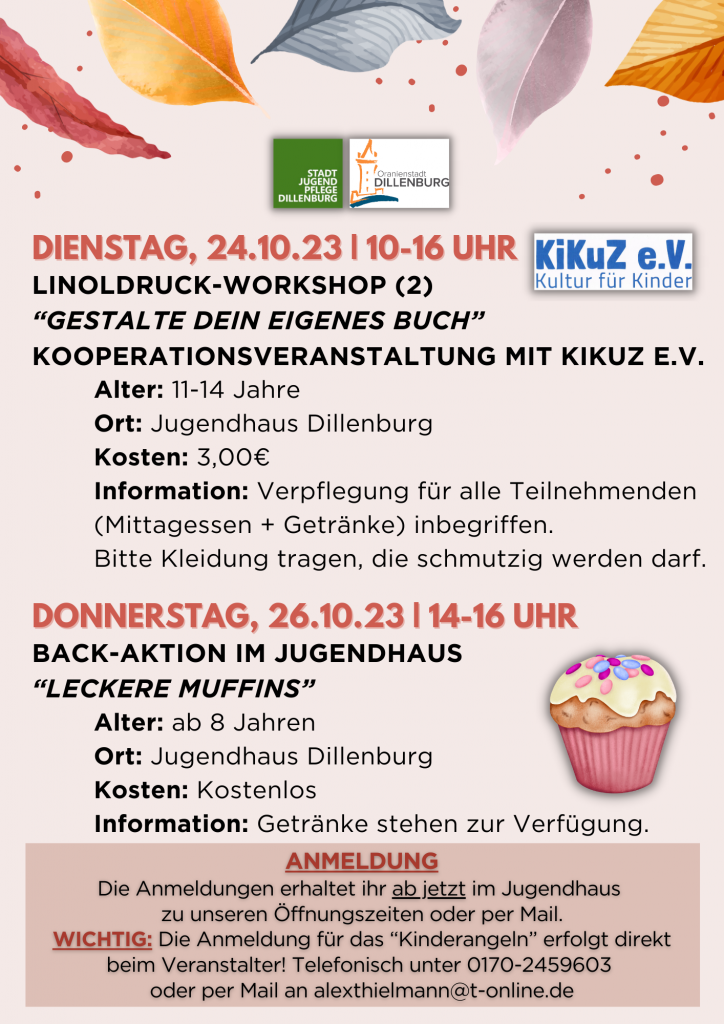 Hinweis auf den 2. Linoldruck-Workshop am 24.10.23 und die Back-Aktion im Jugendhaus im Rahmen des Herbstprogramms