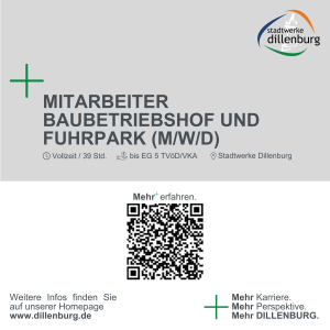 Hinweis auf die Stellenausschreibung Bauhof und Fuhrpark. Mit Klick aufs Bild gehts zur Ausschreibung.