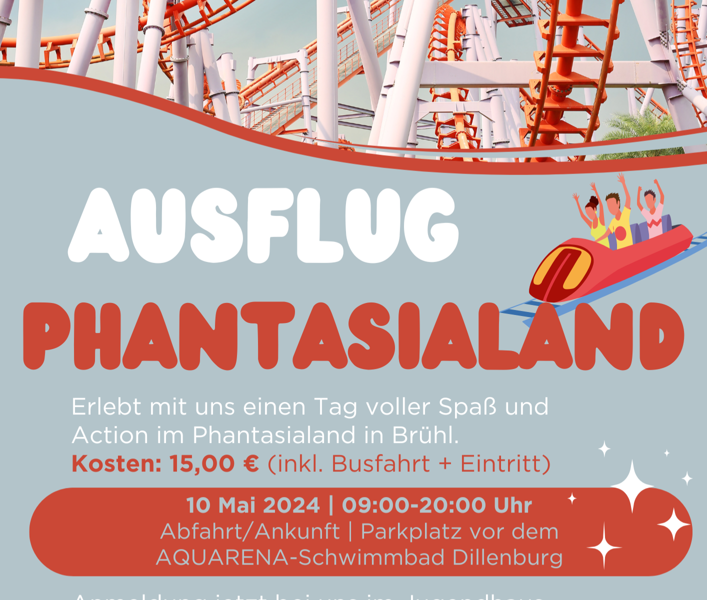 Flyer der Stadtjugendpflege Dillenburg über einen Ausflug in das Phantasialand nach Köln am 10.05.2024