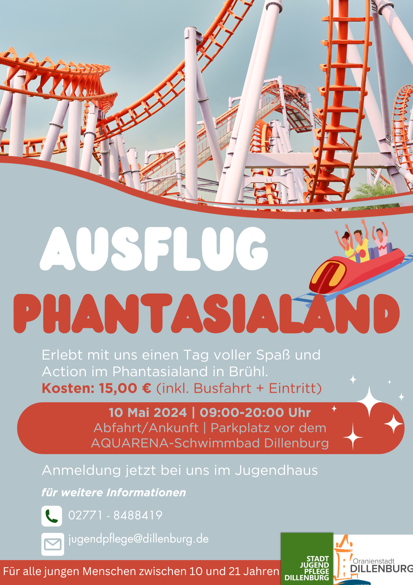 Flyer der Stadtjugendpflege Dillenburg über einen Ausflug in das Phantasialand nach Köln am 10.05.2024