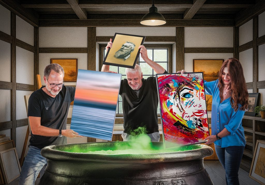 Drei Personen werfen Gemälde in einen Zauberkessel. Mit Klick aufs Bild geht´s zum ganzen Artikel.