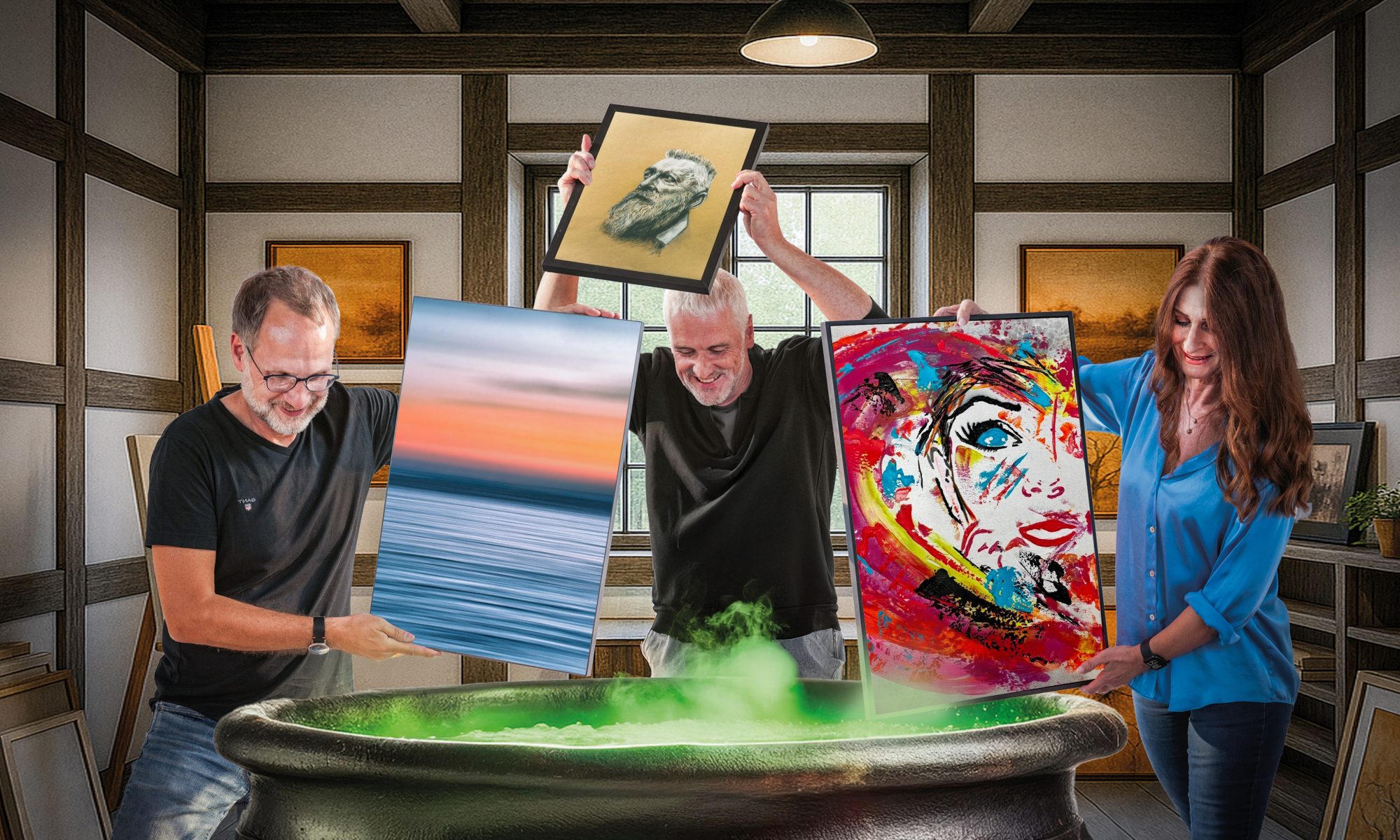 Drei Personen werfen Gemälde in einen Zauberkessel. Mit Klick aufs Bild geht´s zum ganzen Artikel.