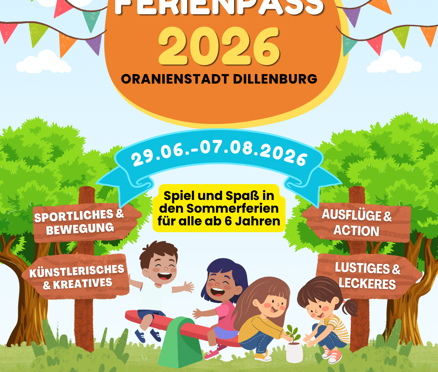 Werbungsflyer für den Ferienpass 2026. Mit Klick aufs Bild geht´s zum ganzen Artikel