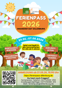 Werbungsflyer für den Ferienpass 2026. Mit Klick aufs Bild geht´s zum ganzen Artikel