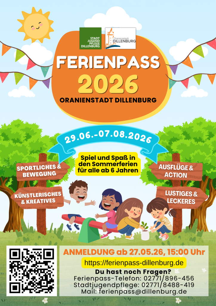 Werbungsflyer für den Ferienpass 2026. Mit Klick aufs Bild geht´s zum ganzen Artikel