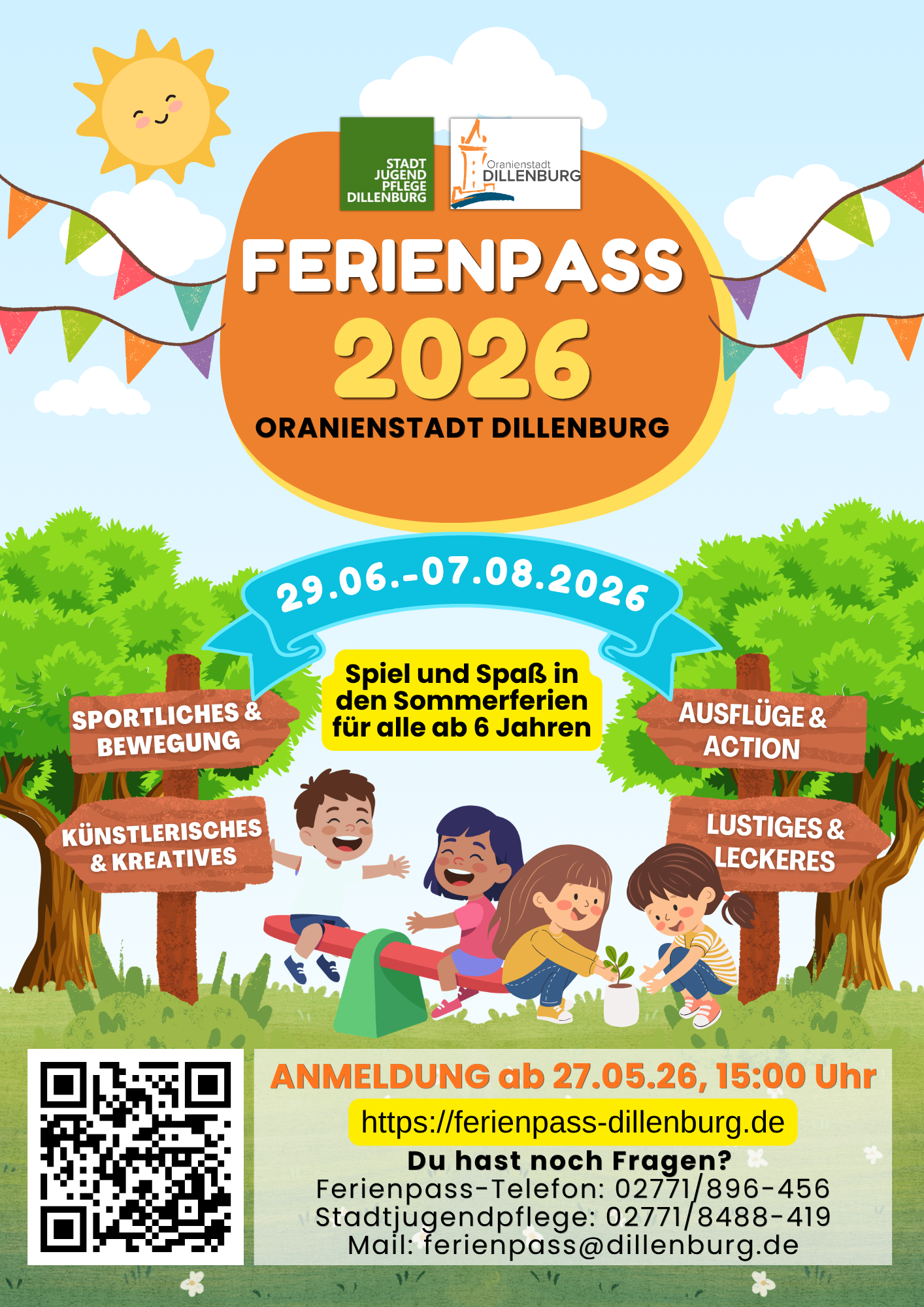 Werbungsflyer für den Ferienpass 2026. Mit Klick aufs Bild geht´s zum ganzen Artikel