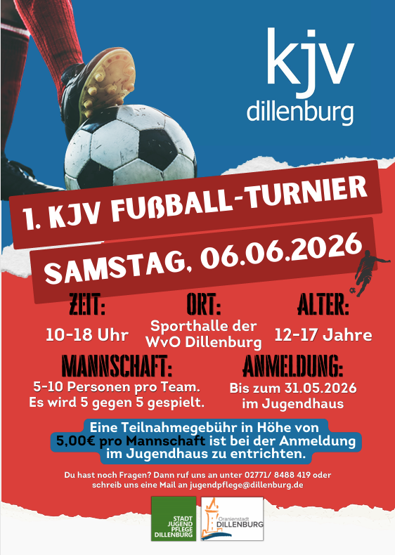 Werbeplakat für das Fußballturnier der KJV am 06.06.26, 10-18 Uhr in der Sporthalle der WvO für Jugendliche von 12-17 Jahren.