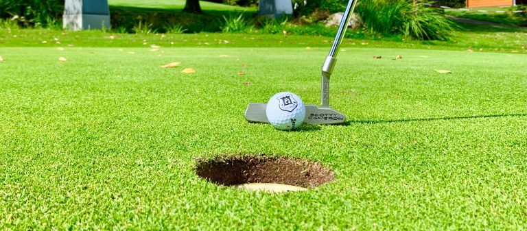 Loch, Golfball und Putter