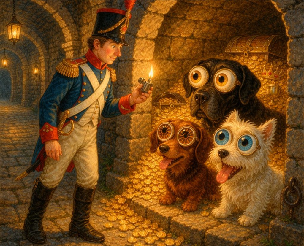 Eine Szene aus dem Märchen "Das Feuerzeug": Die drei Hunde mit den großen Augen sitzen gegenüber von dem Soldaten mit dem Feuerzeug. Ki-Bild