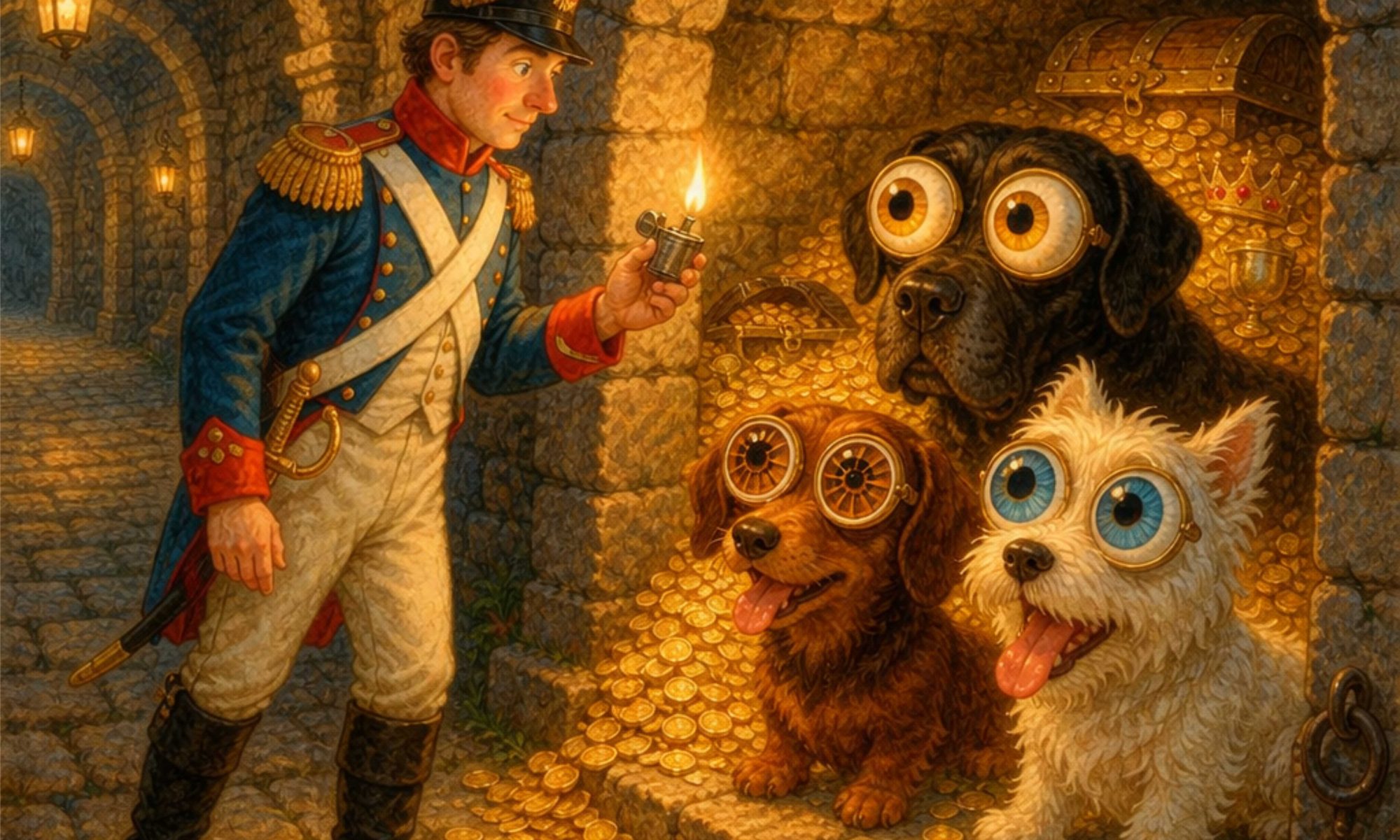 Eine Szene aus dem Märchen "Das Feuerzeug": Die drei Hunde mit den großen Augen sitzen gegenüber von dem Soldaten mit dem Feuerzeug. Ki-Bild