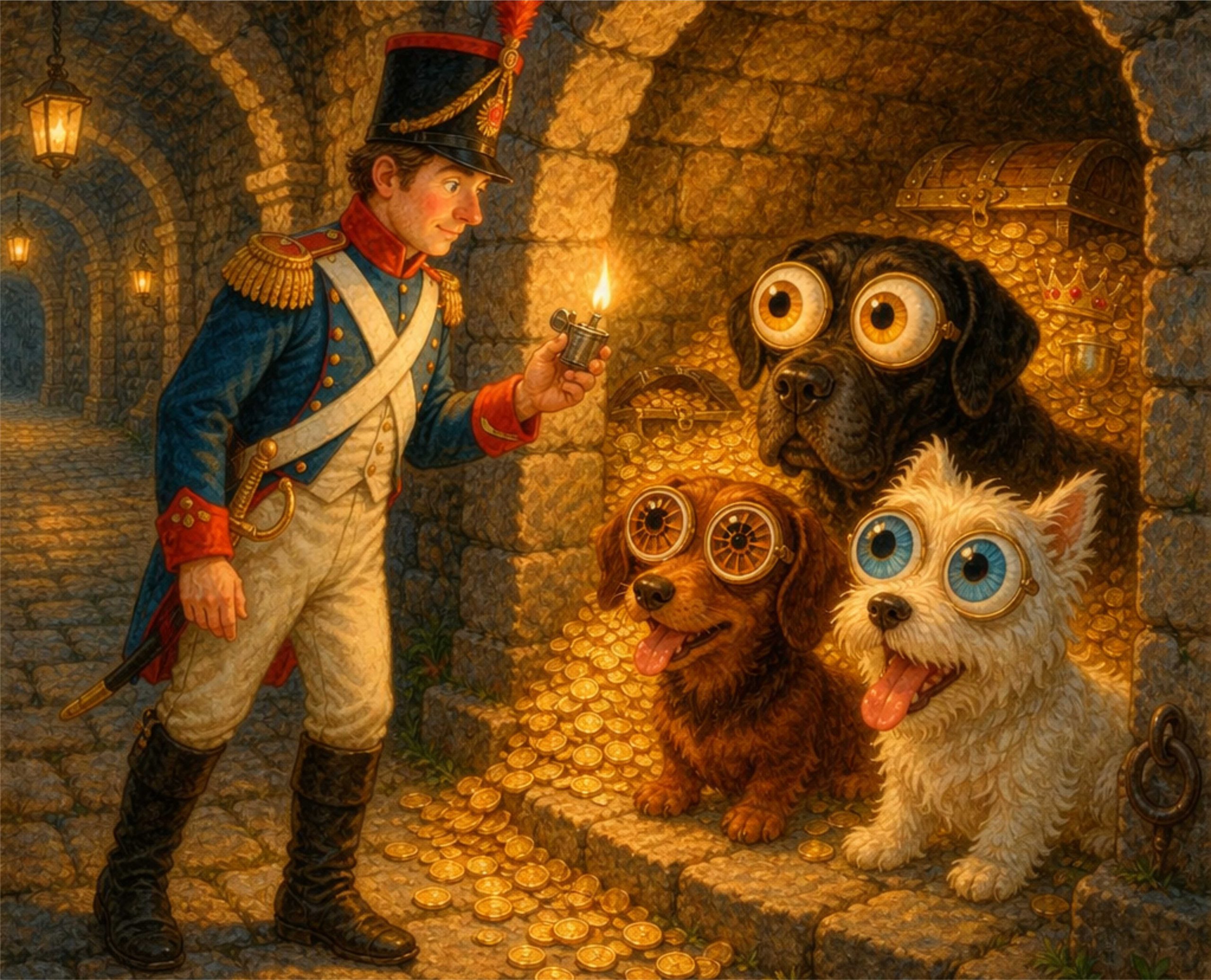 Eine Szene aus dem Märchen "Das Feuerzeug": Die drei Hunde mit den großen Augen sitzen gegenüber von dem Soldaten mit dem Feuerzeug. Ki-Bild