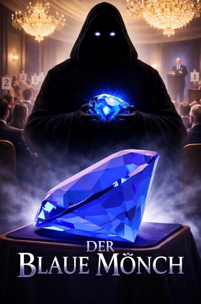 Plakat für das Stück "Der blaue Mönch". Im Vordergrund ein blauer Edelstein, dahinter eine schwarze Gestalt mit Kapuzenmantel, leuchtenden Augen und einem blauen Edelstein in den Händen.