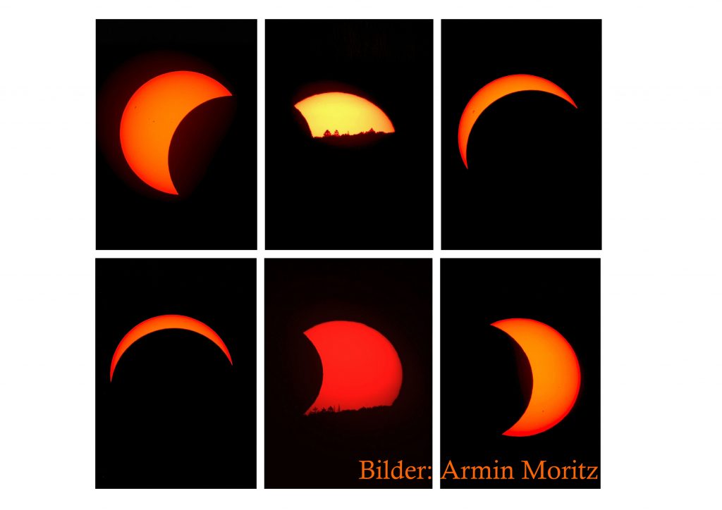 Verschiedene Phasen der partiellen Sonnenfinsternis als Collage.