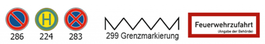 Bilder der Verkehrszeichen "Eingeschränktes Halteverbot (286)", "Haltestelle (224)", "Grenzmarkierung (299)" und "Feuerwehrzufahrt".