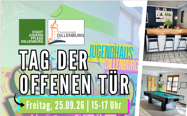Hinweis auf den Tag der Offenen Tür im Jugendhaus am Freitag, 25.09.2026, 15-17 Uhr. Mit Klick aufs Bild geht`s zum ganzen Artikel.
